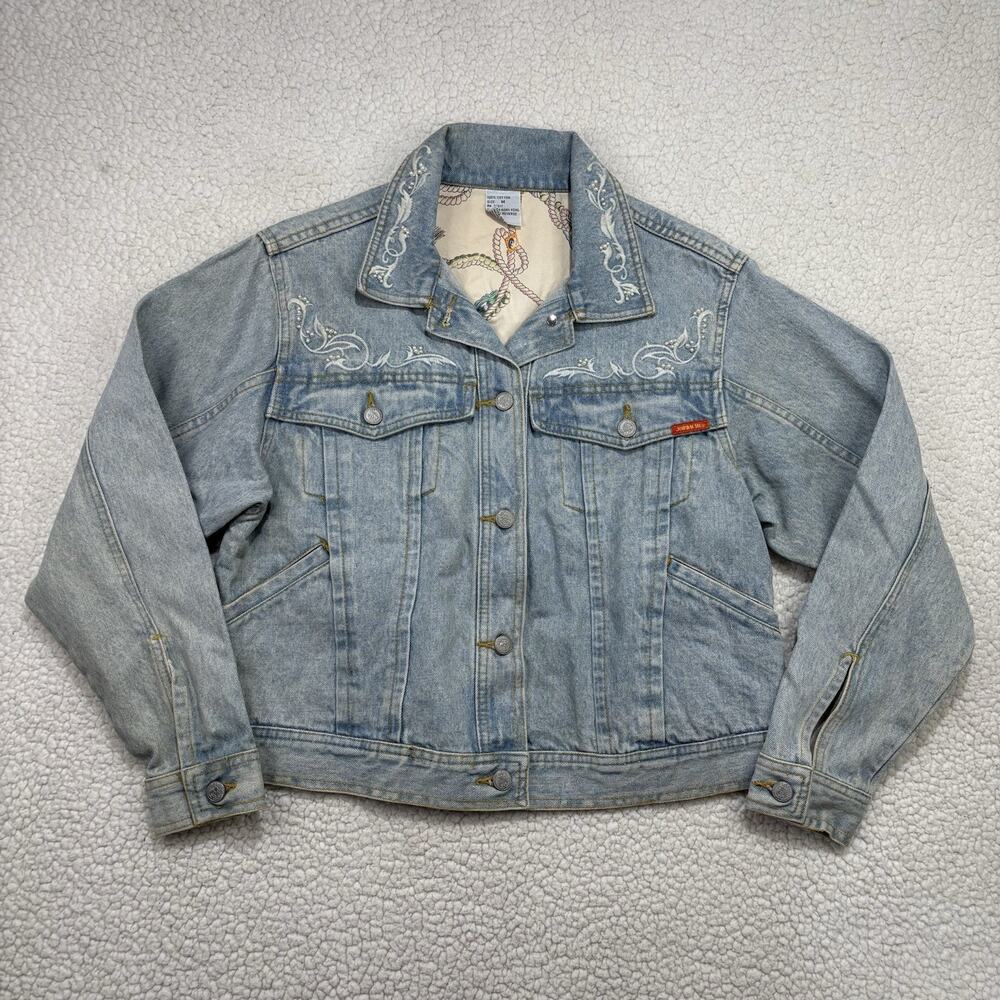 Vintage Jordache Embroidered Beaded Denim Trucker Jacket Y2K Light Wash‎ Lined M